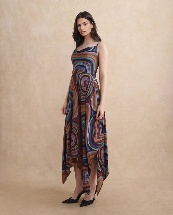 Rareism Women Janudya Dark Multi 100% Viscose Fabric Sleeveless Fit And Flare Maxi Abstract Print Dress