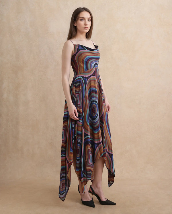 Rareism Women Janudya Dark Multi Viscose Fabric Sleeveless Fit And Flare Maxi Abstract Print Dress