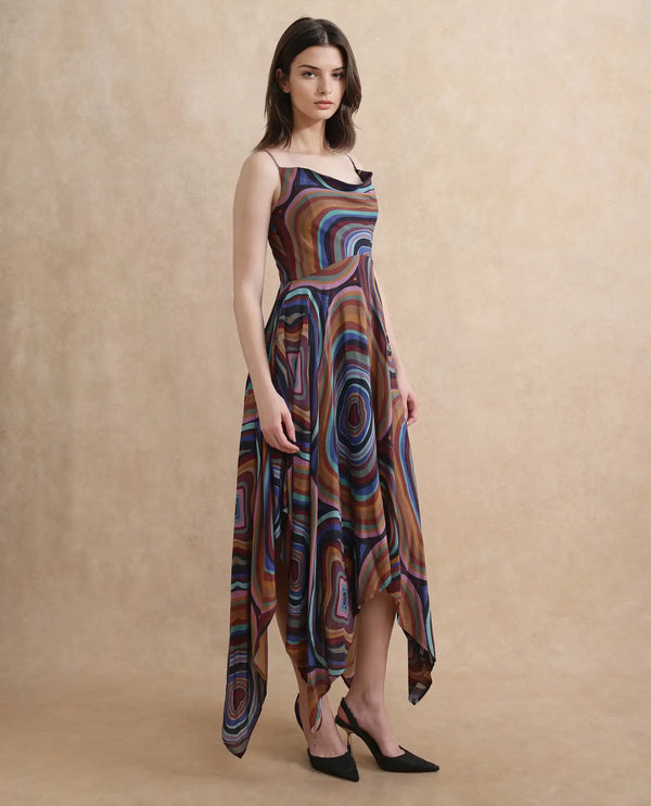 Rareism Women Janudya Dark Multi 100% Viscose Fabric Sleeveless Fit And Flare Maxi Abstract Print Dress