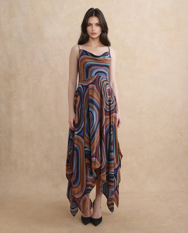 Rareism Women Janudya Dark Multi 100% Viscose Fabric Sleeveless Fit And Flare Maxi Abstract Print Dress