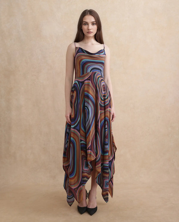 Rareism Women Janudya Dark Multi Viscose Fabric Sleeveless Fit And Flare Maxi Abstract Print Dress