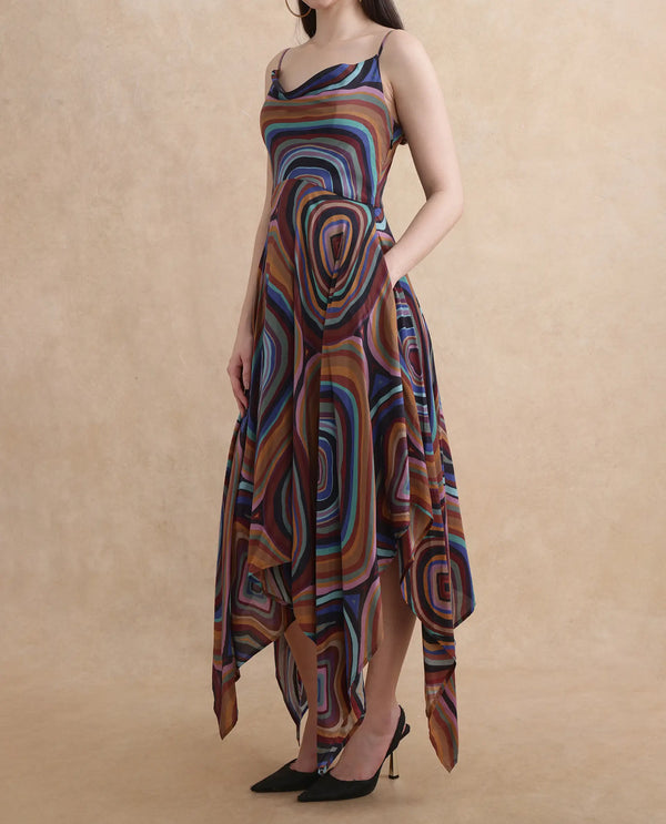 Rareism Women Janudya Dark Multi Viscose Fabric Sleeveless Fit And Flare Maxi Abstract Print Dress
