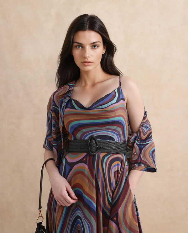 Rareism Women Janudya Dark Multi 100% Viscose Fabric Sleeveless Fit And Flare Maxi Abstract Print Dress