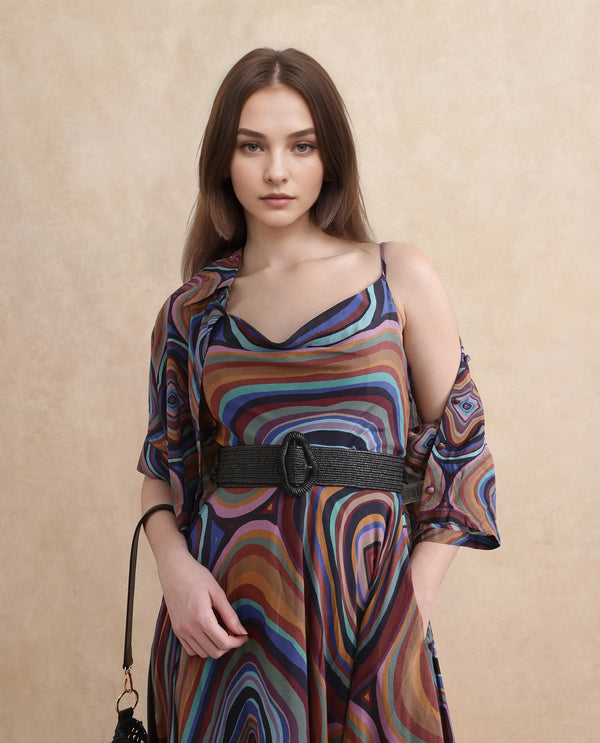 Rareism Women Janudya Dark Multi Viscose Fabric Sleeveless Fit And Flare Maxi Abstract Print Dress