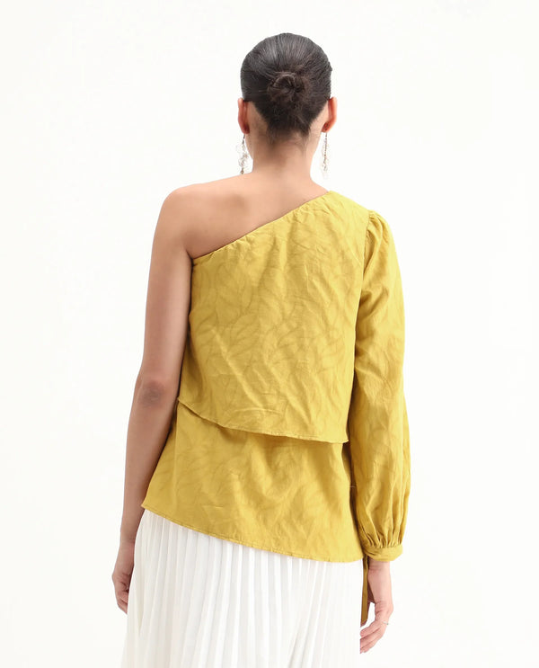Rareism Women Janvipi Mustard 100%Cotton Fabric Regular Sleeve Johnny Collar Relaxed Fit Plain Top