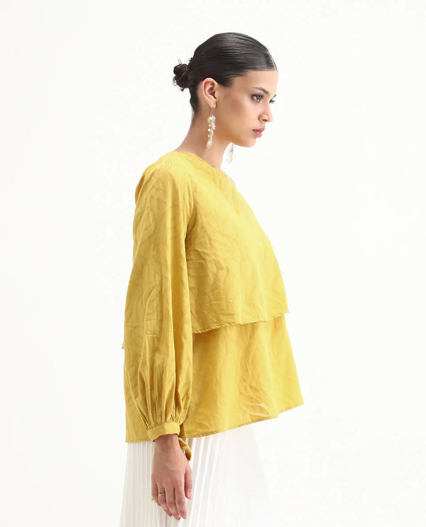 Rareism Women Janvipi Mustard 100%Cotton Fabric Regular Sleeve Johnny Collar Relaxed Fit Plain Top
