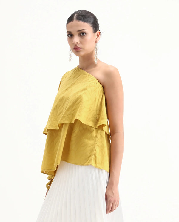 Rareism Women Janvipi Mustard 100%Cotton Fabric Regular Sleeve Johnny Collar Relaxed Fit Plain Top