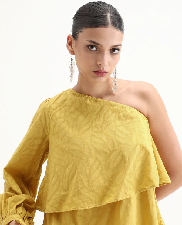 Rareism Women Janvipi Mustard 100%Cotton Fabric Regular Sleeve Johnny Collar Relaxed Fit Plain Top