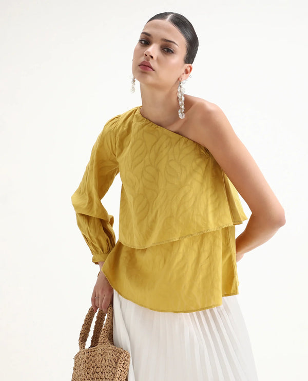 Rareism Women Janvipi Mustard 100%Cotton Fabric Regular Sleeve Johnny Collar Relaxed Fit Plain Top
