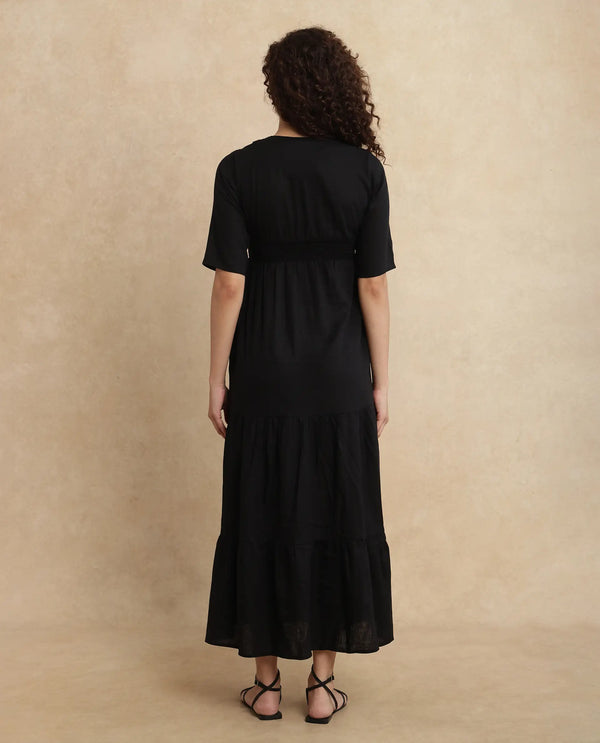 Rareism Women's Janyaka Black Linen Fabric V-Neck Zipper Closure Half Sleeve Plain Fit And Flare Maxi Dress