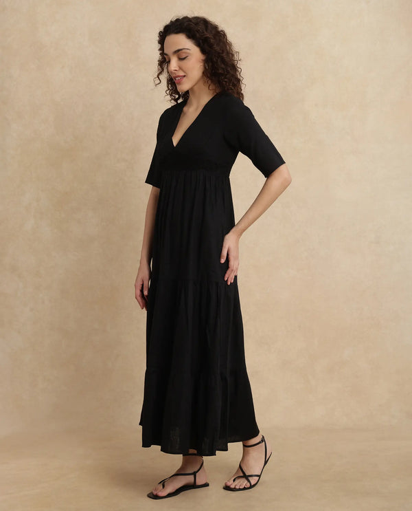Rareism Women's Janyaka Black Linen Fabric V-Neck Zipper Closure Half Sleeve Plain Fit And Flare Maxi Dress