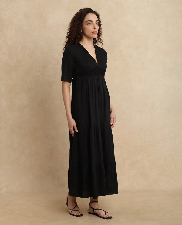 Rareism Women's Janyaka Black Linen Fabric V-Neck Zipper Closure Half Sleeve Plain Fit And Flare Maxi Dress