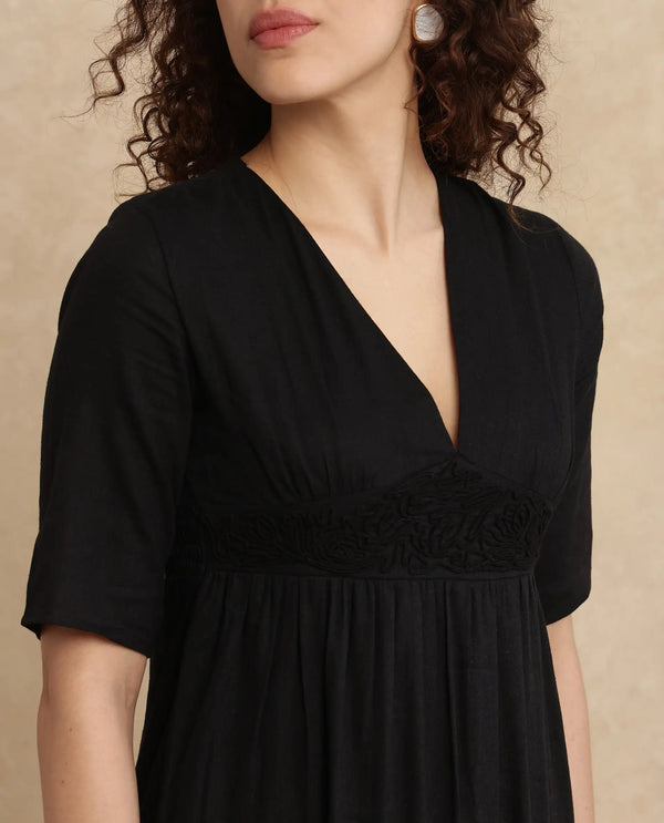 Rareism Women's Janyaka Black Linen Fabric V-Neck Zipper Closure Half Sleeve Plain Fit And Flare Maxi Dress