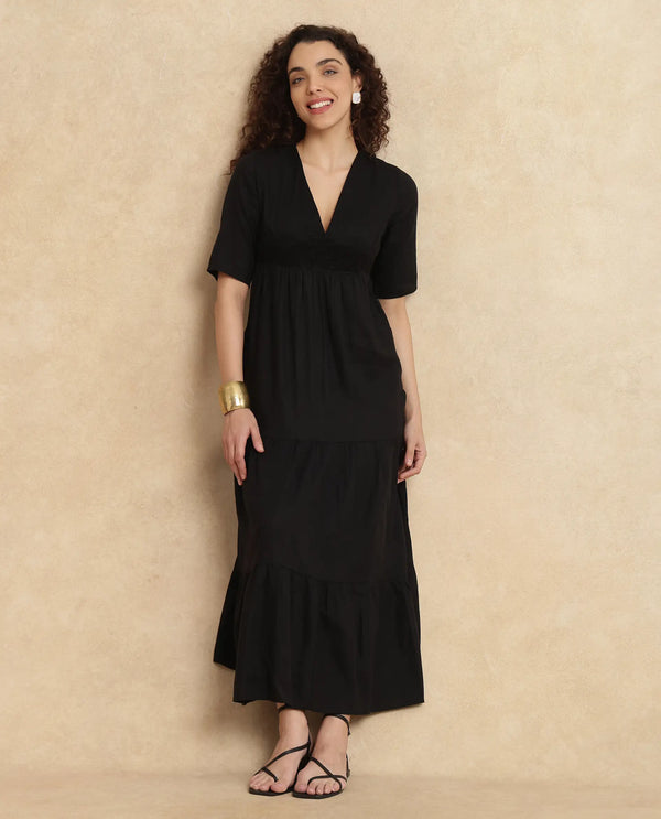 Rareism Women's Janyaka Black Linen Fabric V-Neck Zipper Closure Half Sleeve Plain Fit And Flare Maxi Dress
