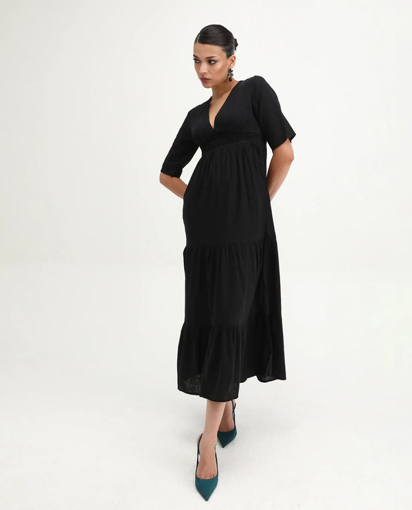 Rareism Women's Janyaka Black Linen Fabric V-Neck Zipper Closure Half Sleeve Plain Fit And Flare Maxi Dress