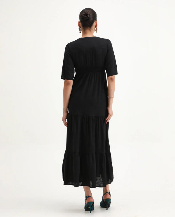 Rareism Women's Janyaka Black Linen Fabric V-Neck Zipper Closure Half Sleeve Plain Fit And Flare Maxi Dress