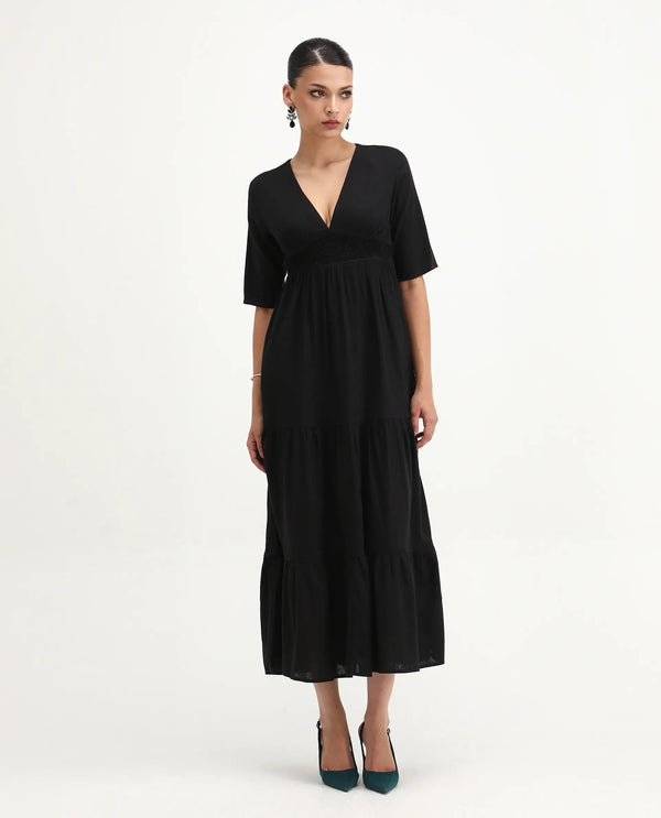 Rareism Women's Janyaka Black Linen Fabric V-Neck Zipper Closure Half Sleeve Plain Fit And Flare Maxi Dress