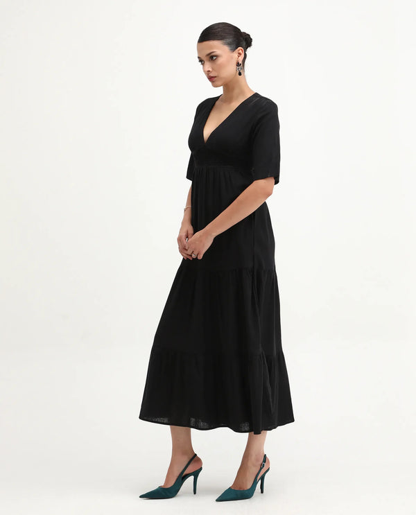 Rareism Women's Janyaka Black Linen Fabric V-Neck Zipper Closure Half Sleeve Plain Fit And Flare Maxi Dress