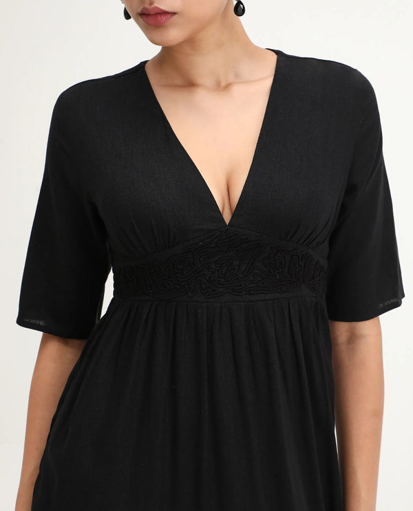 Rareism Women's Janyaka Black Linen Fabric V-Neck Zipper Closure Half Sleeve Plain Fit And Flare Maxi Dress