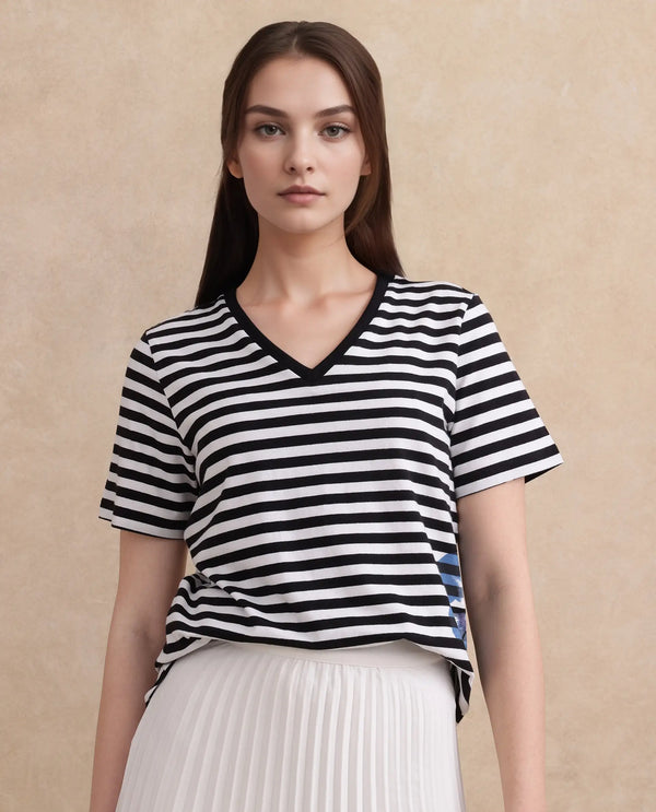 Rareism Women Janyan Off White Rayon Nylon Fabric Short Sleeves V-Neck Regular Fit Floral Print T-Shirt