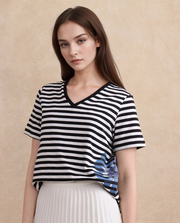 Rareism Women Janyan Off White Rayon Nylon Fabric Short Sleeves V-Neck Regular Fit Floral Print T-Shirt