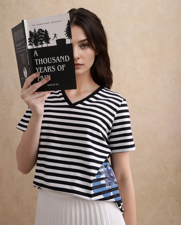 Rareism Women Janyan Off White Rayon Nylon Fabric Short Sleeves V-Neck Regular Fit Floral Print T-Shirt
