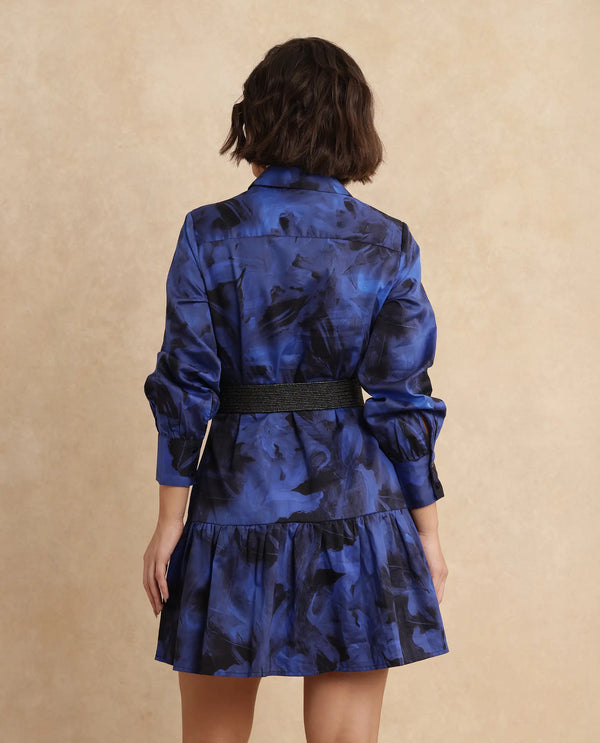 Rareism Women Janyulu Dark Blue Cotton Fabric Cuffed Sleeve Collared Neck Fit And Flare Mini Floral Print Dress