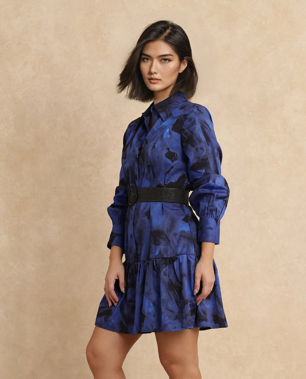 Rareism Women Janyulu Dark Blue Cotton Fabric Cuffed Sleeve Collared Neck Fit And Flare Mini Floral Print Dress
