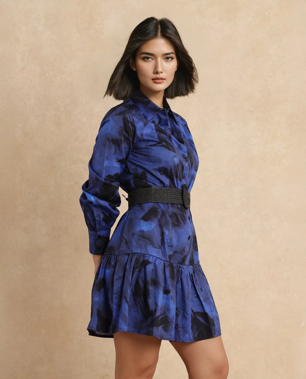 Rareism Women Janyulu Dark Blue Cotton Fabric Cuffed Sleeve Collared Neck Fit And Flare Mini Floral Print Dress