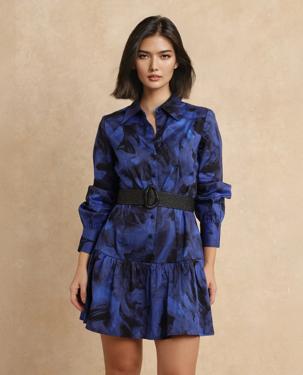 Rareism Women Janyulu Dark Blue Cotton Fabric Cuffed Sleeve Collared Neck Fit And Flare Mini Floral Print Dress