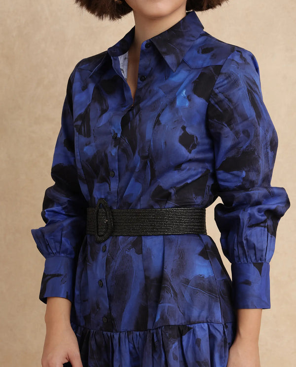 Rareism Women Janyulu Dark Blue Cotton Fabric Cuffed Sleeve Collared Neck Fit And Flare Mini Floral Print Dress