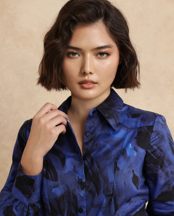 Rareism Women Janyulu Dark Blue Cotton Fabric Cuffed Sleeve Collared Neck Fit And Flare Mini Floral Print Dress