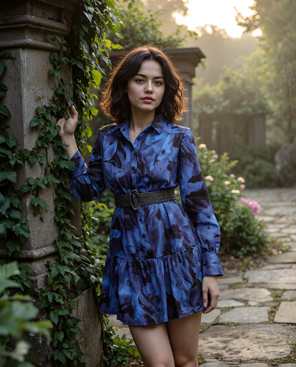 Rareism Women Janyulu Dark Blue Cotton Fabric Cuffed Sleeve Collared Neck Fit And Flare Mini Floral Print Dress