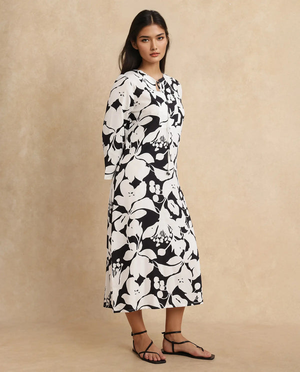 Rareism Women Janzen Black Viscose Fabric Bell Sleeves Straight Fit Midi Floral Print Dress