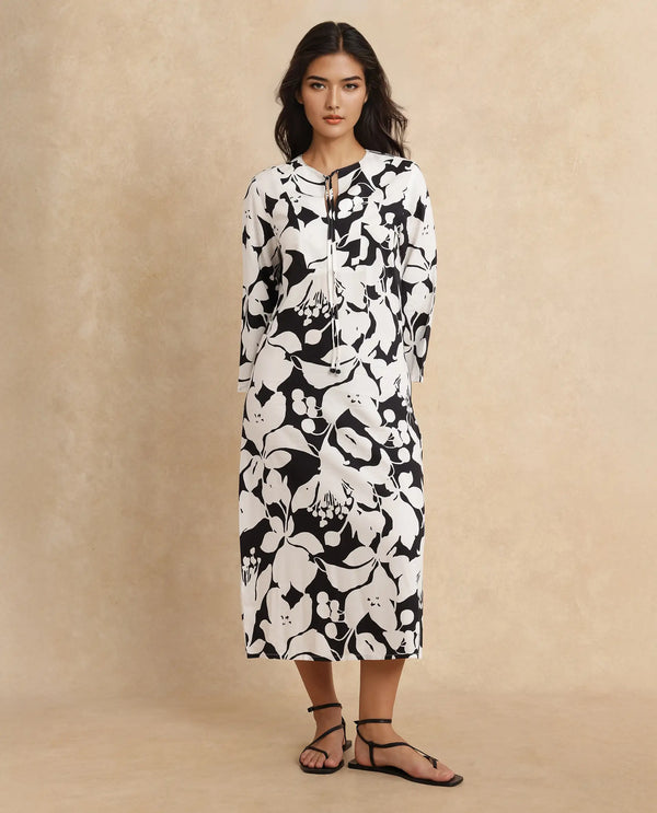 Rareism Women Janzen Black Viscose Fabric Bell Sleeves Straight Fit Midi Floral Print Dress