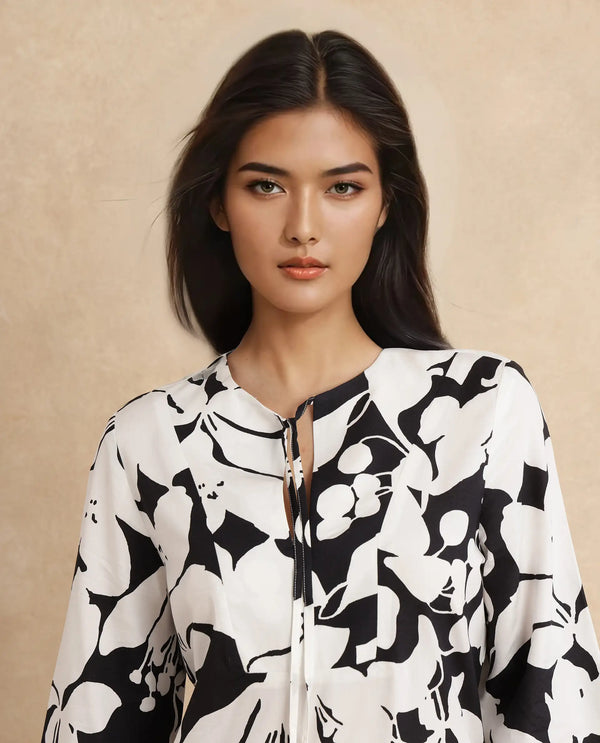 Rareism Women Janzen Black Viscose Fabric Bell Sleeves Straight Fit Midi Floral Print Dress