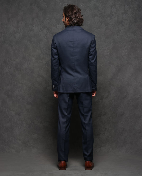 Rare Rabbit Men's Jardin Dark Navy Polyester Viscose Fabric Notch Lapel Button Closure Single Breasted Textured Suits