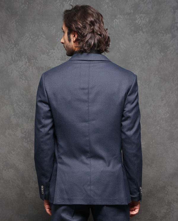 Rare Rabbit Men's Jardin Dark Navy Polyester Viscose Fabric Notch Lapel Button Closure Single Breasted Textured Suits