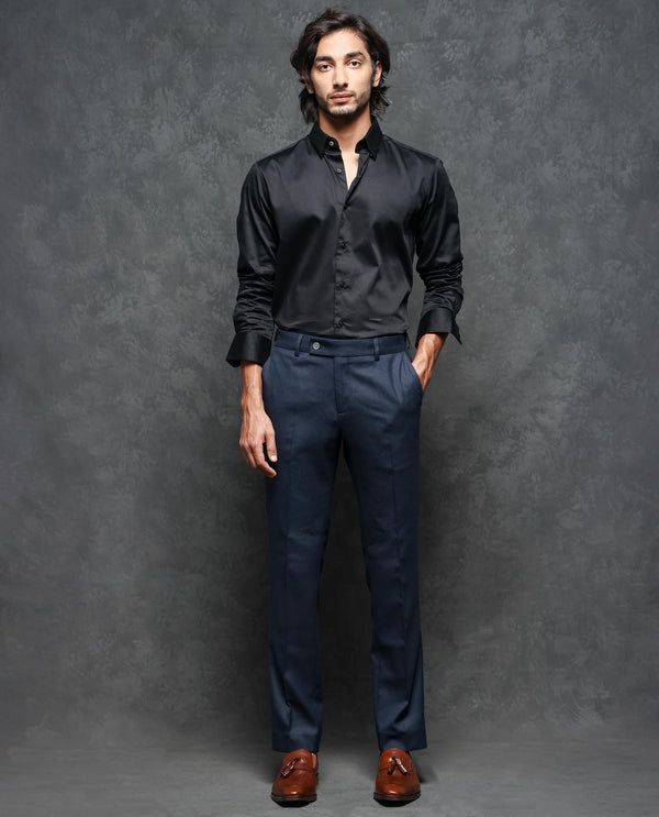 Rare Rabbit Men's Jardin Dark Navy Polyester Viscose Fabric Notch Lapel Button Closure Single Breasted Textured Suits