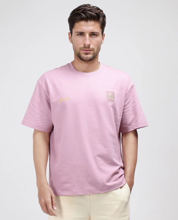 Rare Rabbit Men Jardi Pink Cotton Fabric Short Sleeve Oversized Fit Printed T-Shirt