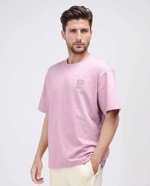 Rare Rabbit Men Jardi Pink Cotton Fabric Short Sleeve Oversized Fit Printed T-Shirt