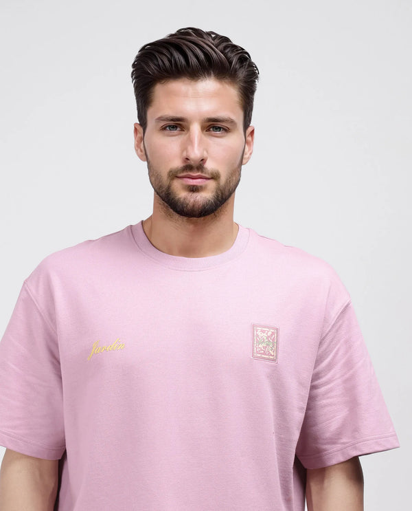Rare Rabbit Men Jardi Pink Cotton Fabric Short Sleeve Oversized Fit Printed T-Shirt