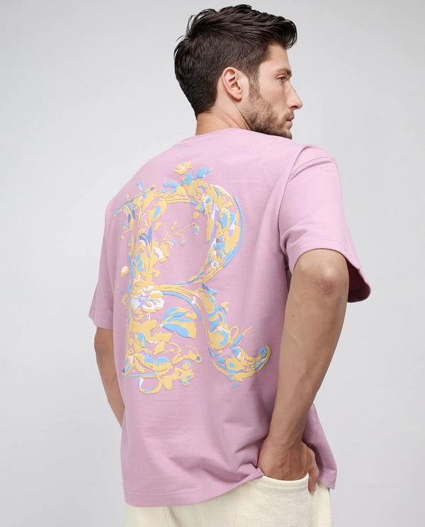 Rare Rabbit Men Jardi Pink Cotton Fabric Short Sleeve Oversized Fit Printed T-Shirt