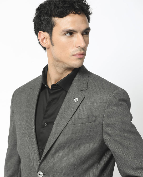 Rare Rabbit Men's Jardo Dark Grey Polyester Viscose Fabric Notch Lapel Single Breasted Tailored Fit Textured Blazer