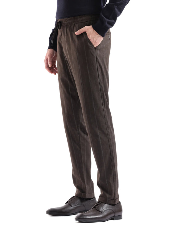 Rare Rabbit Men Jaret Brown Cotton Fabric Drawstring Closure Regular Fit Striped Trouser