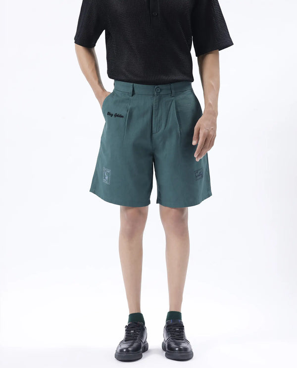 Rare Rabbit Men's Jarny-B Green Button Closure Regular Fit Embroidered Shorts