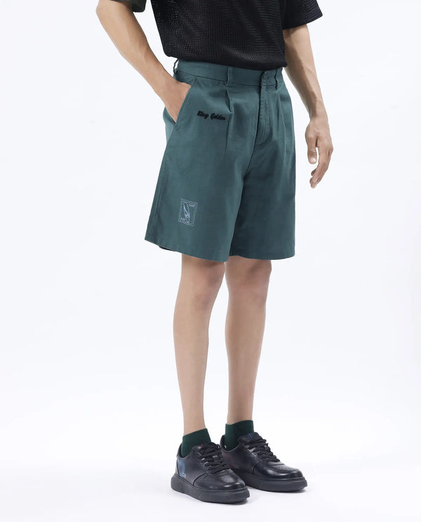 Rare Rabbit Men's Jarny-B Green Button Closure Regular Fit Embroidered Shorts