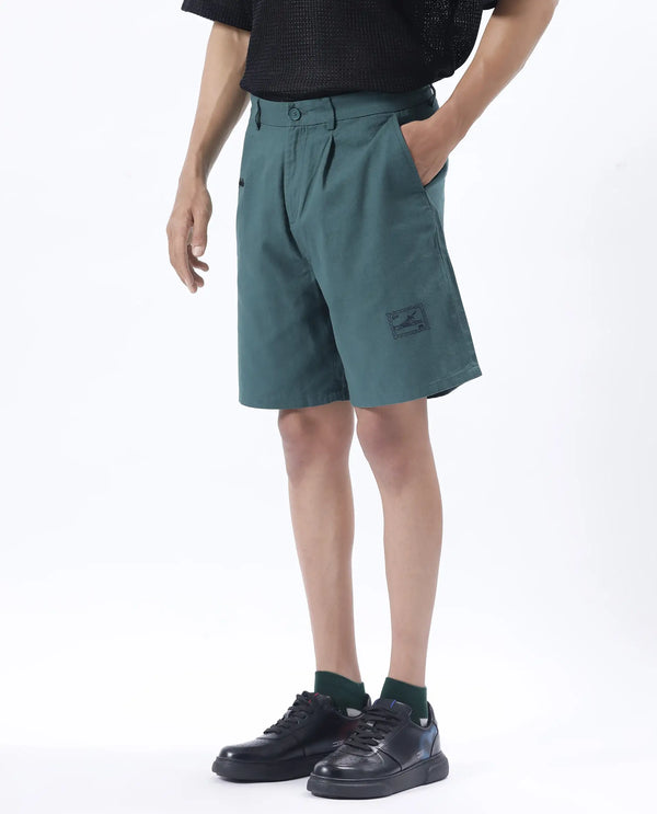 Rare Rabbit Men's Jarny-B Green Button Closure Regular Fit Embroidered Shorts