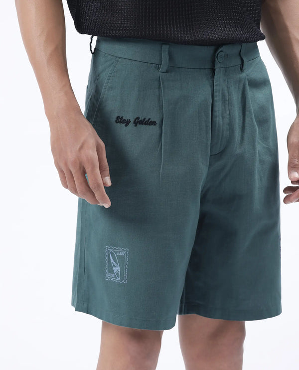 Rare Rabbit Men's Jarny-B Green Button Closure Regular Fit Embroidered Shorts
