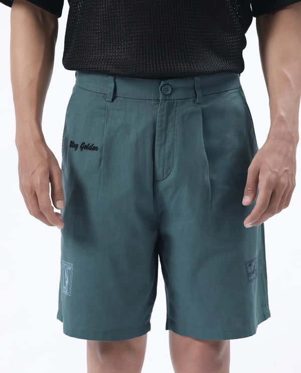 Rare Rabbit Men's Jarny-B Green Button Closure Regular Fit Embroidered Shorts